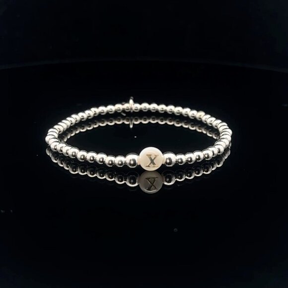 925 Sterling Silver Beaded Stretch Stacking Bracelet MOP Letter Initial X - Picture 1 of 6